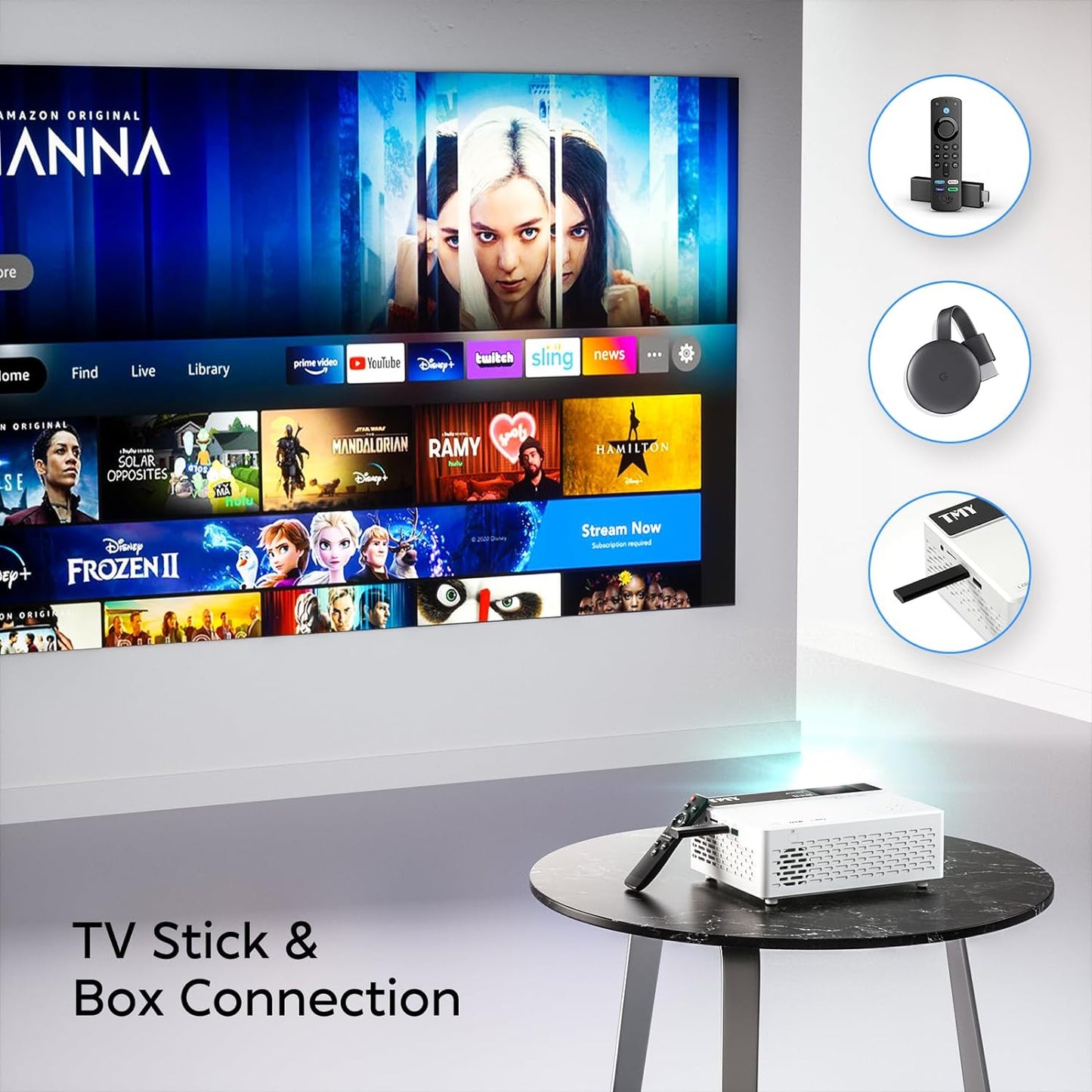 【Netflix-Officially-Licensed】TMY Mini Projector with WiFi and bluetooth, 1080P Full HD Portable Projector, Movie Projector Compatible with TV Stick Smartphone/HDMI/USB, indoor & outdoor use