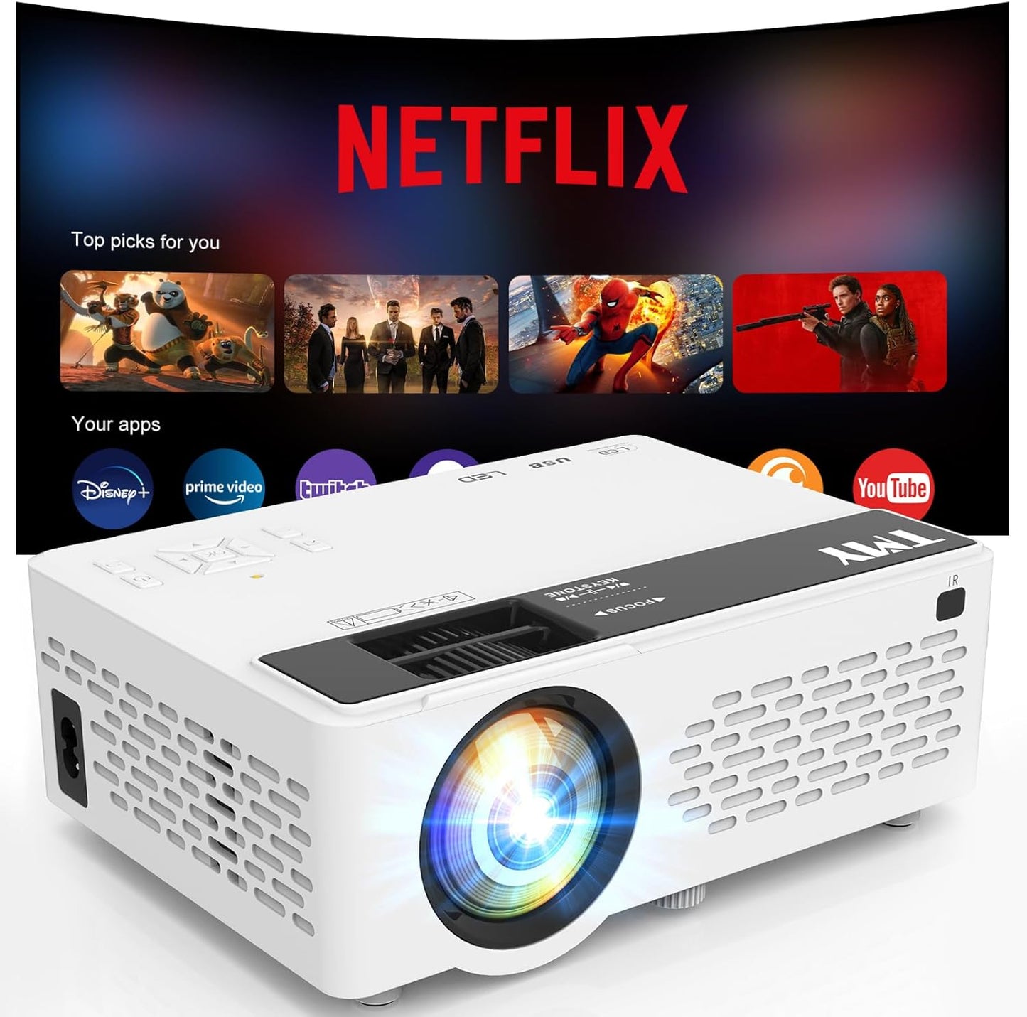 【Netflix-Officially-Licensed】TMY Mini Projector with WiFi and bluetooth, 1080P Full HD Portable Projector, Movie Projector Compatible with TV Stick Smartphone/HDMI/USB, indoor & outdoor use